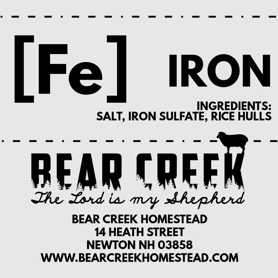 Loose mineral label for sheep, goat, cattle, cow, swine. Iron for feeding free choice to livestock.