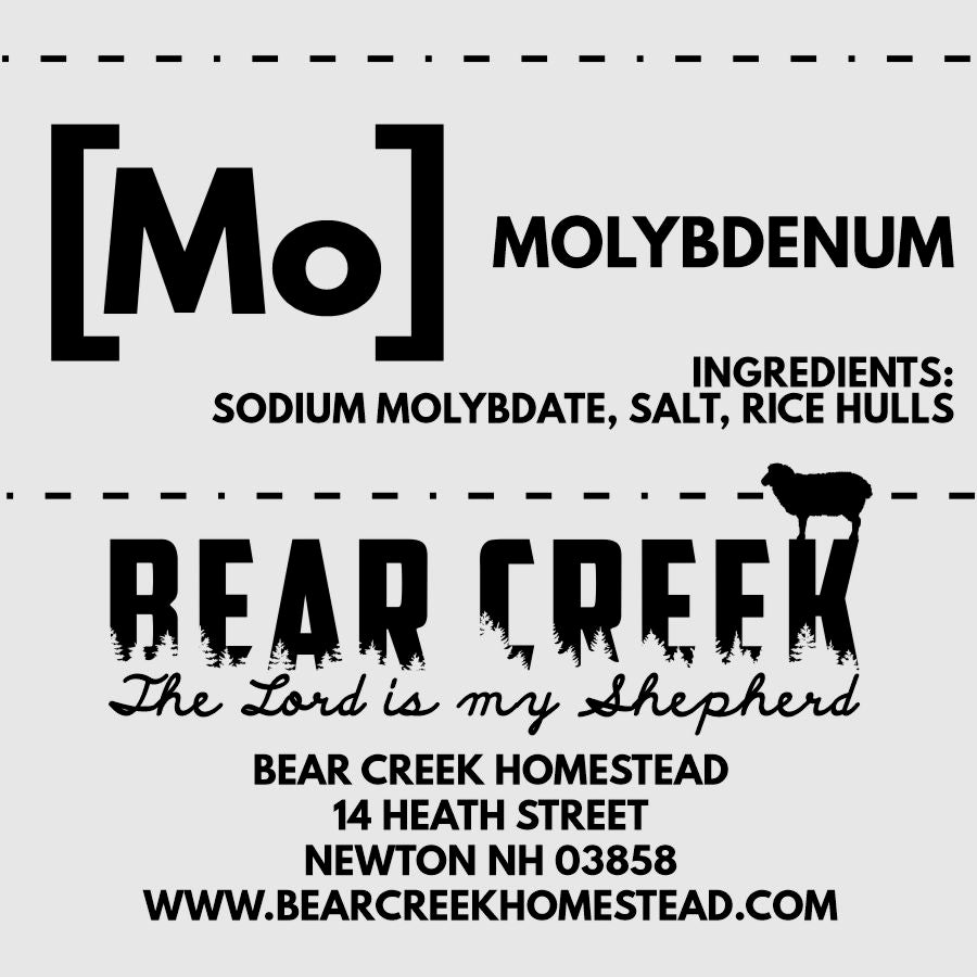 Loose mineral label for sheep, goat, cattle, cow, swine. Molybdenum for feeding free choice to livestock.