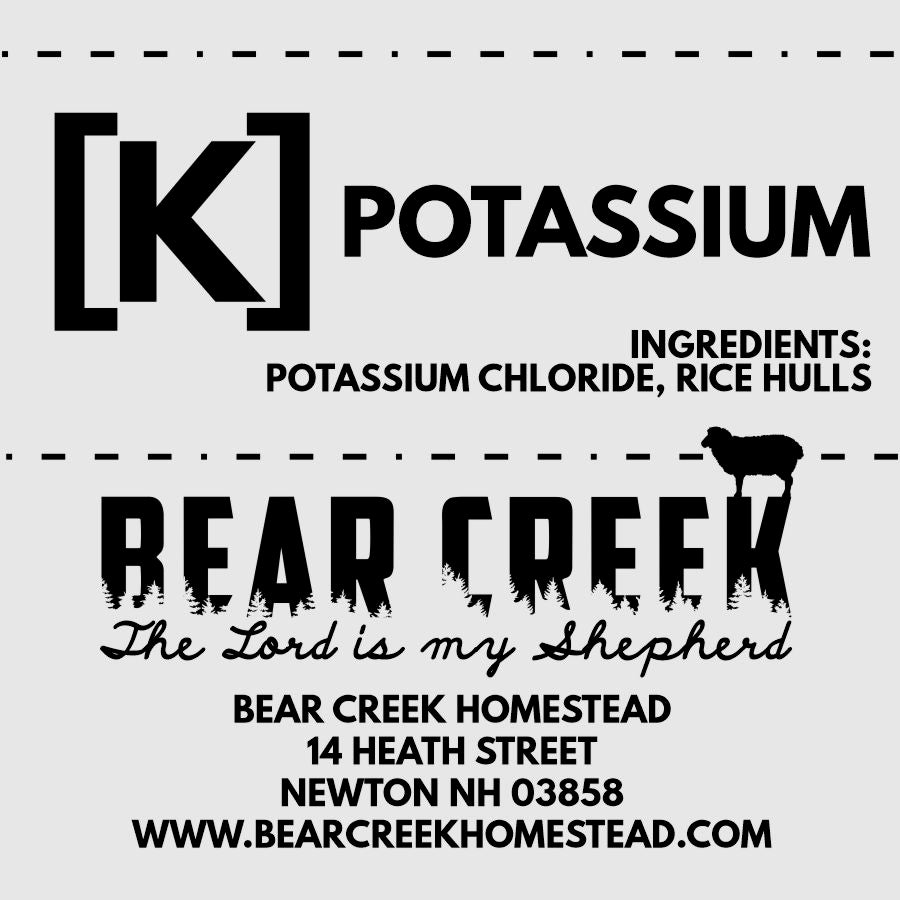 Loose mineral label for sheep, goat, cattle, cow, swine. Potassium