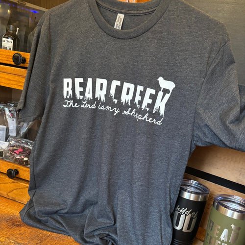 Charcoal gray t-shirt with the Bear Creek Sheep logo on it